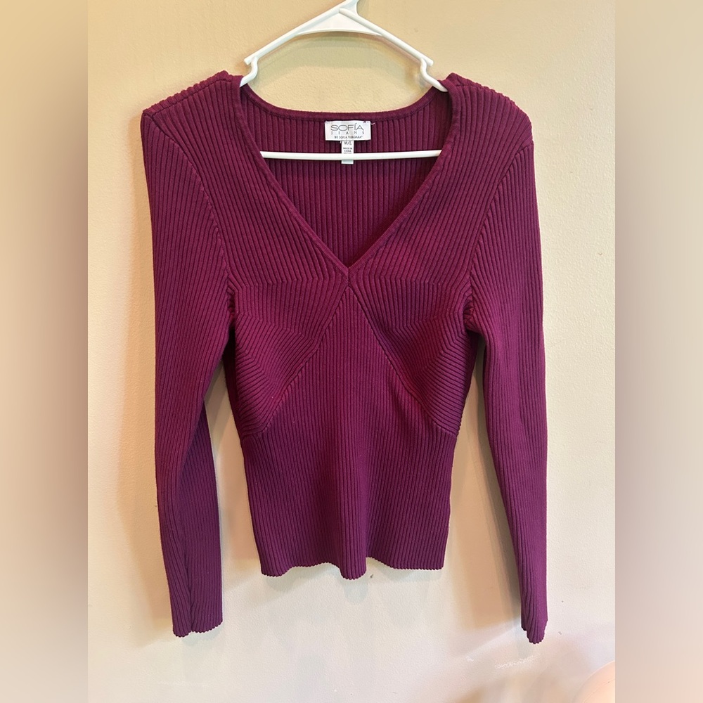 sofia by sofia vergara V-Neck Ribbed Sweater - Plum